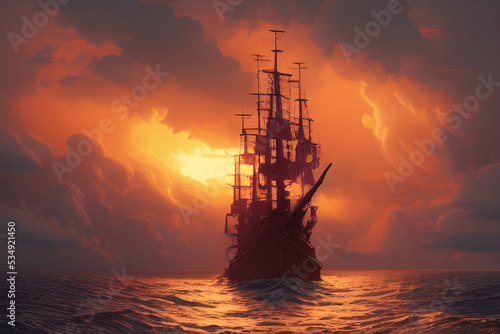 Old ship in the sea sailing into sunset. Amazing 3D landscape. Digital illustration. CG Artwork Background