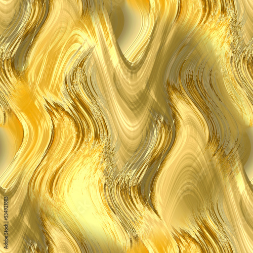Liquid gold flows in vertical wavy lines. Beautiful seamless golden background with yellow shades and reflections. Golden, wavy abstraction. 