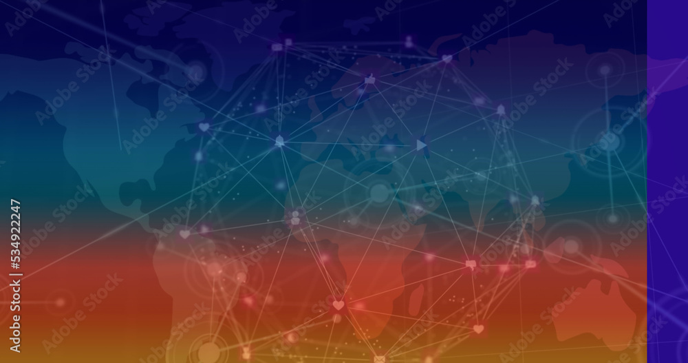 Images of network of connections and world map on blue and orange background