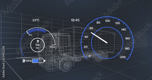 Image of 3d car model and speedometer over dark background