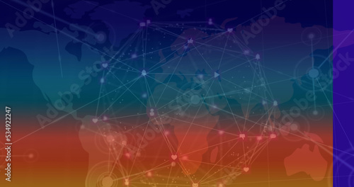 Images of network of connections and world map on blue and orange background
