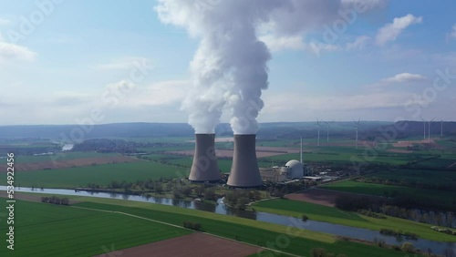 View of drone of nuclear power plant and river