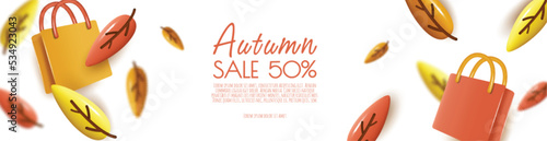 Autumn sale background with leaves, shopping bag, copy space text. 3D vector illustration