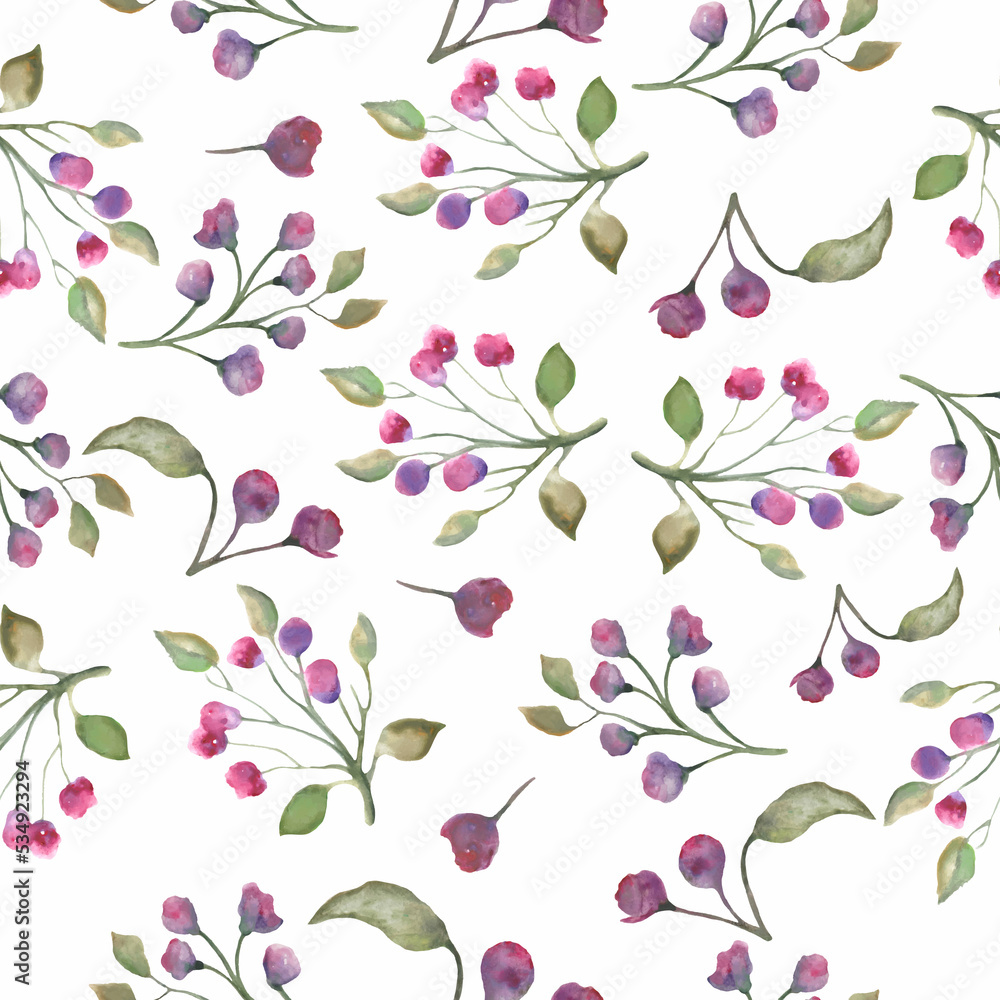 Watercolor seamless pattern with abstract floral branches and leaves  and berries. Hand drawn nature illustration on white background. For interior, packaging design or print