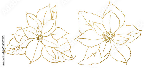 Christmas golden outline Poinsettia flower, Winter holiday party design element