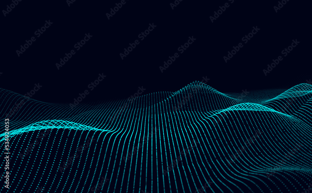 Futuristic digital wave. Dark cyberspace. Vector abstract wave with dots. White moving particles on background.