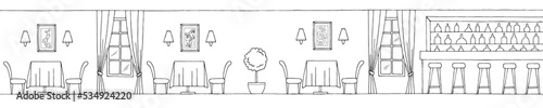 Restaurant interior graphic black white long sketch illustration vector 