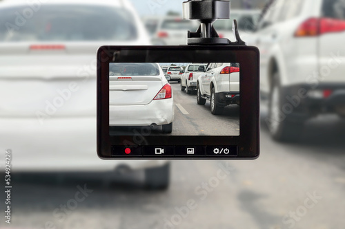 Car CCTV camera video recorder with car crash accident on the road