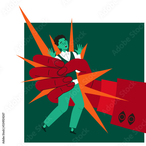 Manipulation of People with Red Hand Holding Tight Screaming Man Vector Illustration