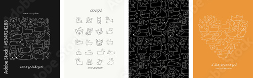 Corgi dogs collection. Frame, pattern, icons, heart shape. Set of hand drawn concept art for your design project - cards, banners, poster, web, print, social media, promotional materials. Vector