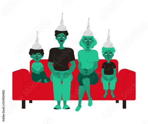 Manipulation of People with Zombified Family Sitting on Sofa Vector Illustration