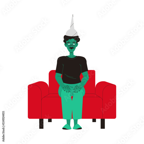 Zombified Man in Tin Foil Hat Sitting on Red Armchair as Manipulation and Hypnosis Vector Illustration