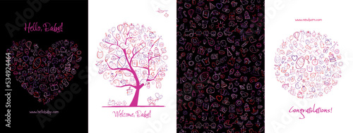 Newborn baby concept art collection. Birthday cards. Frame, heart shape, tree...