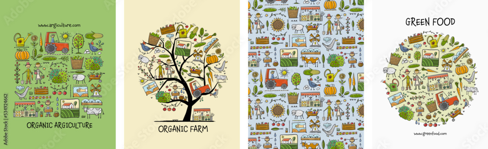 Organic Farm Background For your Design. Harvest Festival. Agriculture collection. Organic farming eco concept. Fresh products, locally grown and organic food. Farmer's Market. Set of 4 concept art