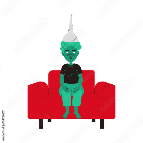 Zombified Little Boy in Tin Foil Hat Sitting on Red Armchair as Manipulation and Hypnosis Vector Illustration