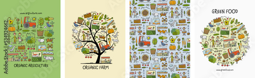 Organic Farm Background For your Design. Harvest Festival. Agriculture collection. Organic farming eco concept. Fresh products, locally grown and organic food. Farmer's Market. Set of 4 concept art