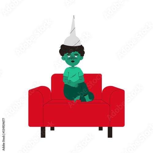 Zombified Little Boy in Tin Foil Hat Sitting on Red Armchair as Manipulation and Hypnosis Vector Illustration