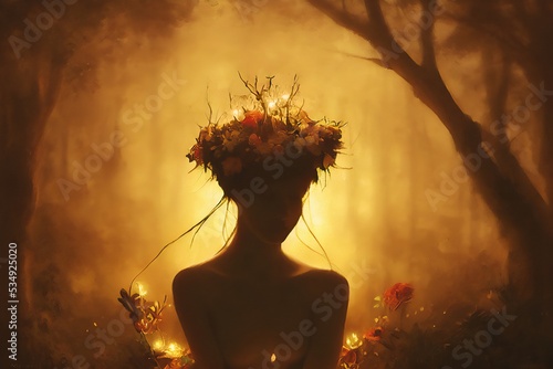 Kupala Night a Slavic festival associated with the summer solstice of the Sun, Slavs celebrate it during the shortest night of the year. Back shot of Women in a forest lit by fire. 3D Illustration