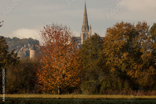 Obraz na plátně cathédrale Saint-Lazare à Autun en bourgogne derrière des arbres aux couleurs de