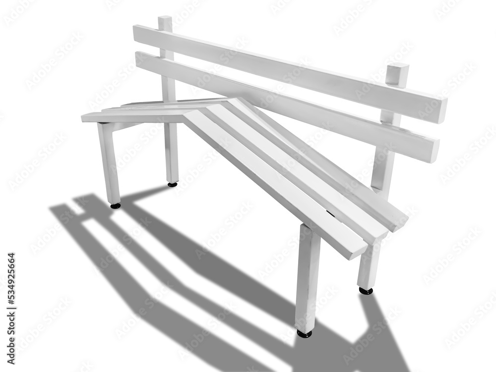 White Wooden Bench with Sloped Planks Isolated on Gray Background White Wooden Bench with Sloped Planks Isolated on Gray Background