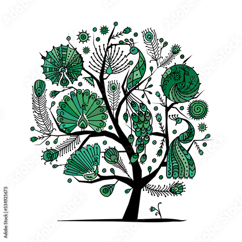 Peacocks on tree, ethnic style concept art for your design. Vector illustration