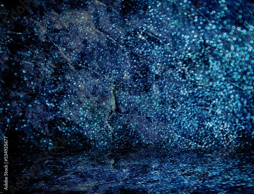 Dark blue stone textured empty room 3d background covered sparkles.  © avextra