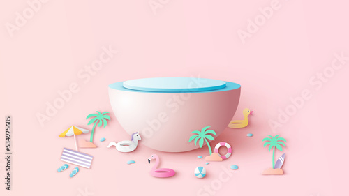 Circle stage podium for Summer decorated with beach equipment and blank space. Summer sea mockup template. paper cut and craft style. vector, illustration.