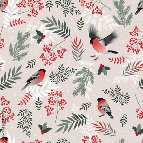 Bullfinch birds seamless scandinavian pattern with leaves and berries. Merry Christmas collection background. Winter texture. Vector illustration