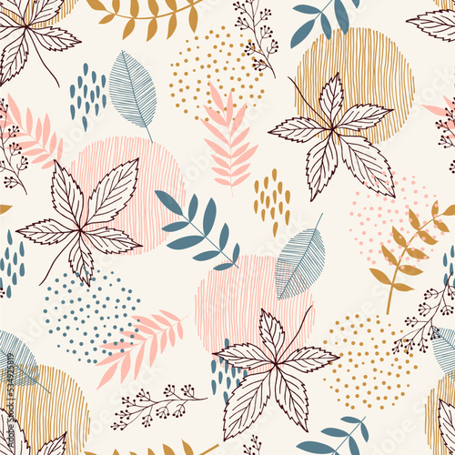 Vector autumn pattern with leaves, stripes and dots. Scandinavian style. Linear boho sketch © Любовь Овсянникова