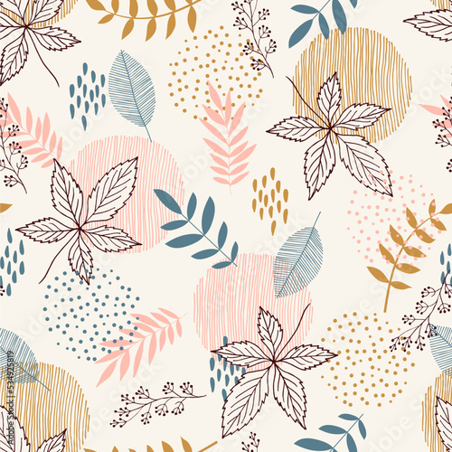 Vector autumn pattern with leaves, stripes and dots. Scandinavian style. Linear boho sketch