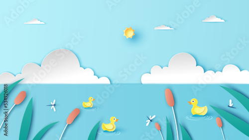 Summer lake view with yellow ducks swimming. Swamp scenery. paper cut and craft style. vector, illustration.