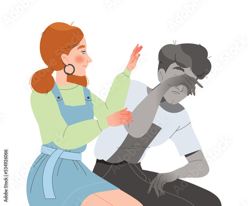 Young Woman Character Supporting and Comforting Sad Man Friend with Problem Vector Illustration