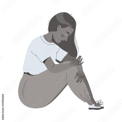 Stressed Woman Character Sit with Bended Legs Living Colorless Life Feeling Sadness and Loneliness Vector Illustration