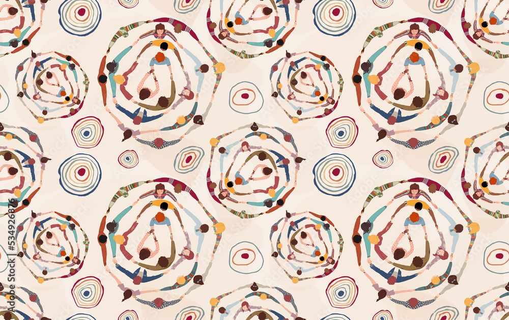 Background or wallpaper seamless pattern with group of diverse people in a circle from different cultures holding hands. Community men and women of friends or volunteers. Top view. Team Background or wallpaper seamless pattern with group of diverse people in a circle from different cultures holding hands. Community men and women of friends or volunteers. Top view. Team