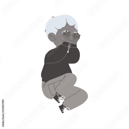 Stressed Little Boy Character Sitting and Crying Feeling Sadness and Loneliness Vector Illustration