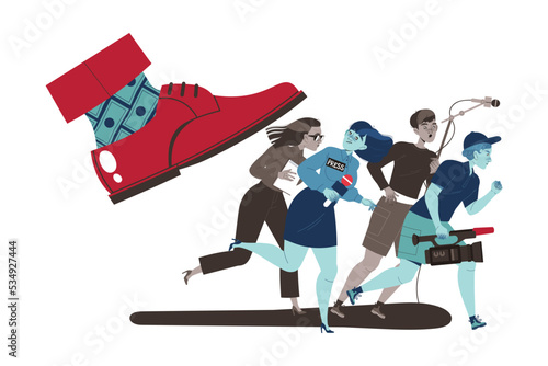 Prohibition of Independent Media with Big Red Foot Stepping Escaping Man and Woman Reporters Vector Illustration