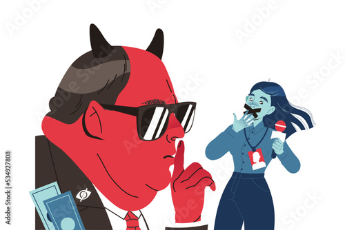 Prohibition of Independent Media with Red Man with Horns Hissing Woman Reporter with Taped Mouth Vector Illustration