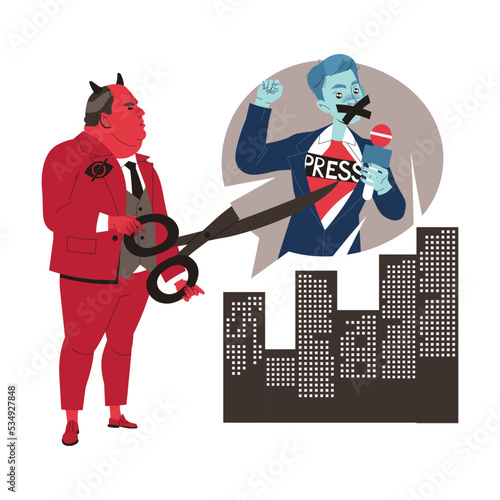 Prohibition of Independent Media with Red Man Cutting Speech Bubble with Reporter with Scissors Vector Illustration
