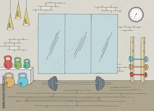 Weightlifting sport gym interior graphic color sketch illustration vector