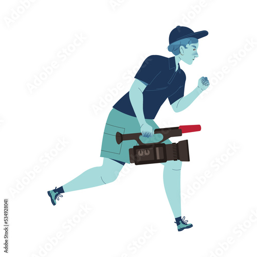 Man News Operator with Camera Running Away as Prohibition of Independent Media Vector Illustration