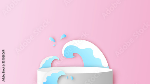 Summer circle stage podium scene decorated with sea wave splash and blank space. Summer stage podium mockup template. paper cut and craft style. vector, illustration.