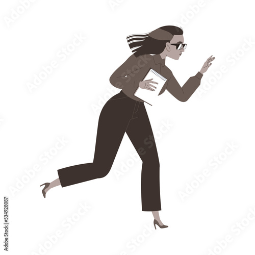 Woman Reporter with Notepad Running Away as Prohibition of Independent Media Vector Illustration