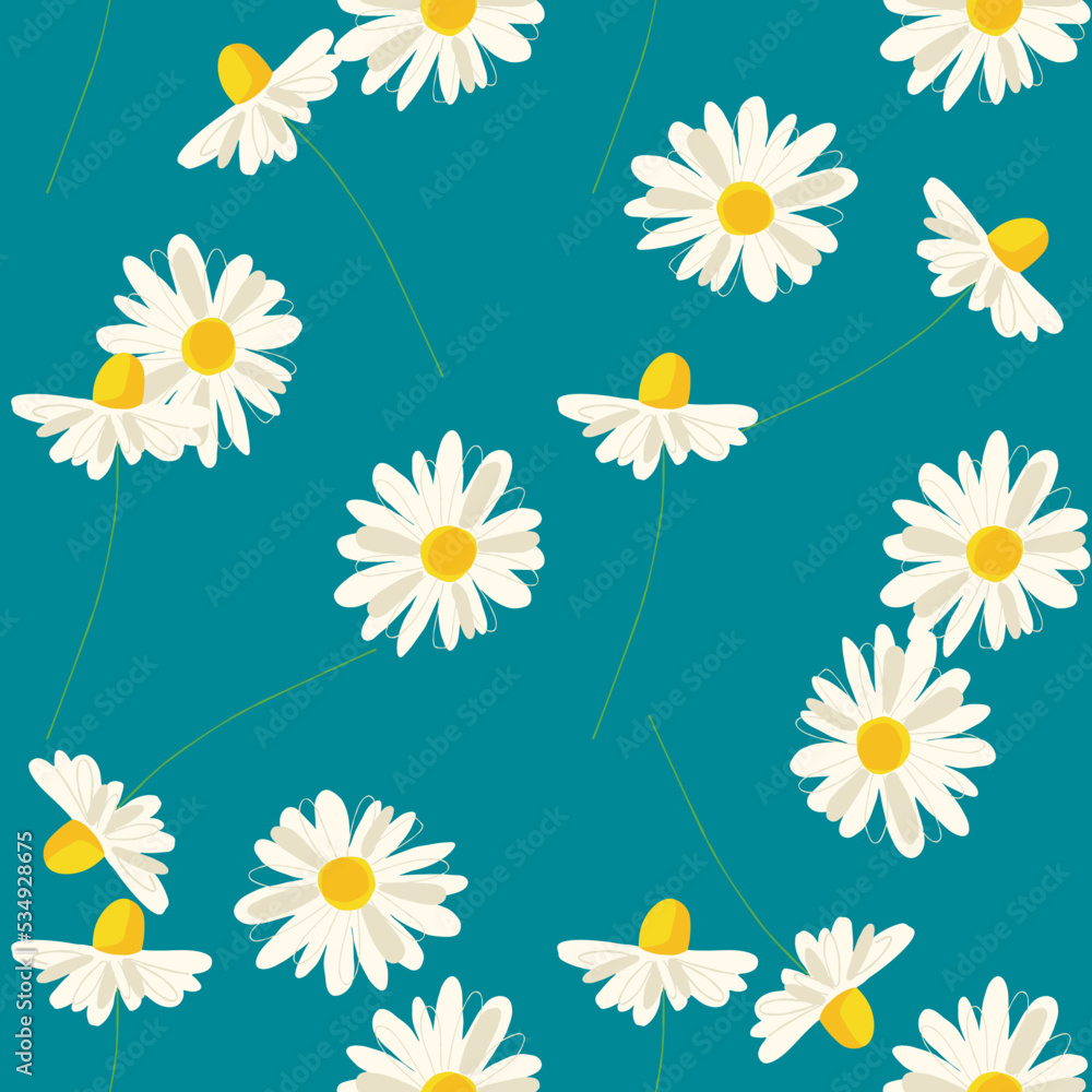 Obraz premium Seamless pattern with herbal chamomile illustration on blue background