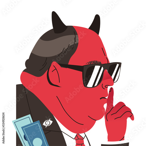 Red Horned Man Head in Sunglasses Hissing with Finger as Government and Big Brother Vector Illustration