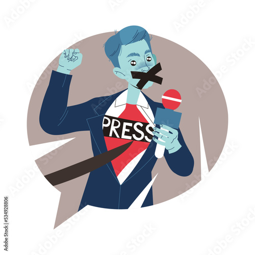 Man Reporter with Microphone and Stick Mouth in Speech Bubble as Prohibition of Independent Media Vector Illustration