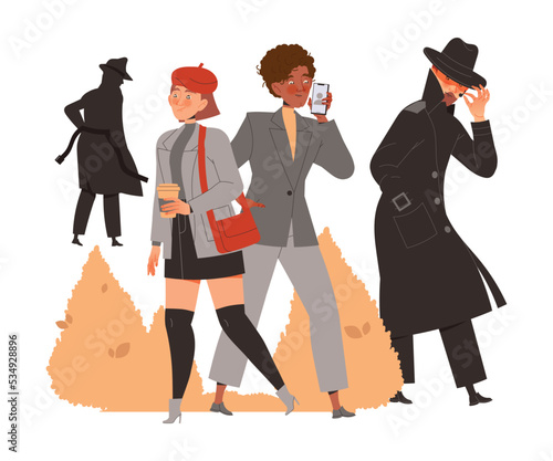 Man Special Agent in Black Hat and Coat Listening to Man Speaking by Phone as Spying and Monitoring Vector Illustration
