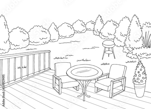 Backyard deck garden graphic black white sketch illustration vector 