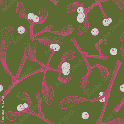 Seamless Pattern with sprigs of mistletoe and berries in a  stipple effect in vivid pink and white on an olive green background.