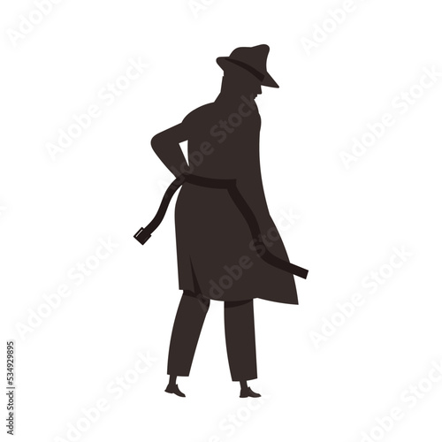 Spying and Monitoring with Young Man Private Detective in Black Hat and Coat Vector Illustration