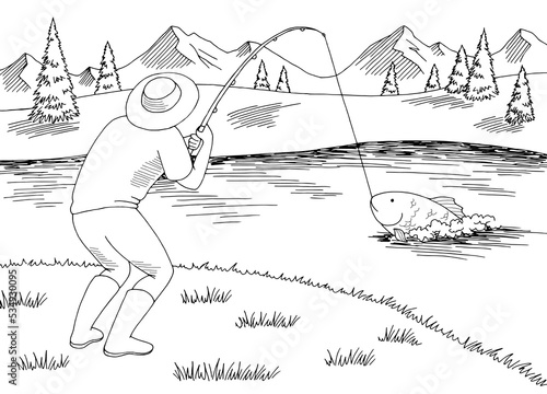 Fisherman graphic black white landscape sketch illustration vector